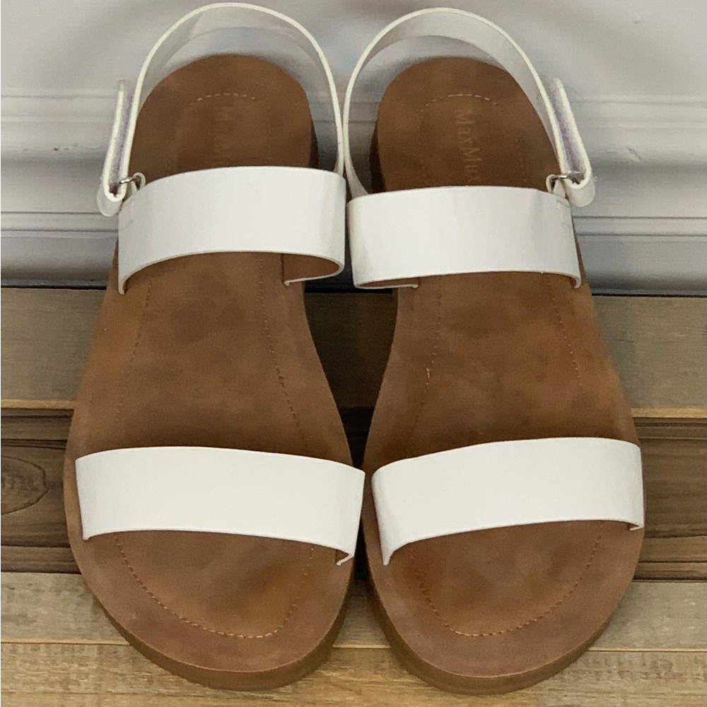 White and Brown Sandals with Wide Strap and Flat Sole